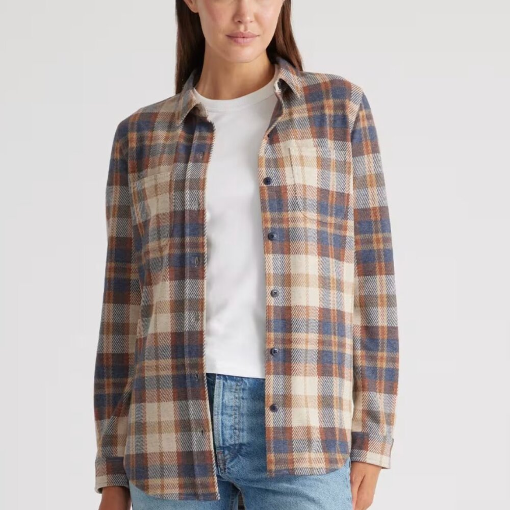 Quince Stretch Sweater Fleece Shirt in Mocha Check, Size Small